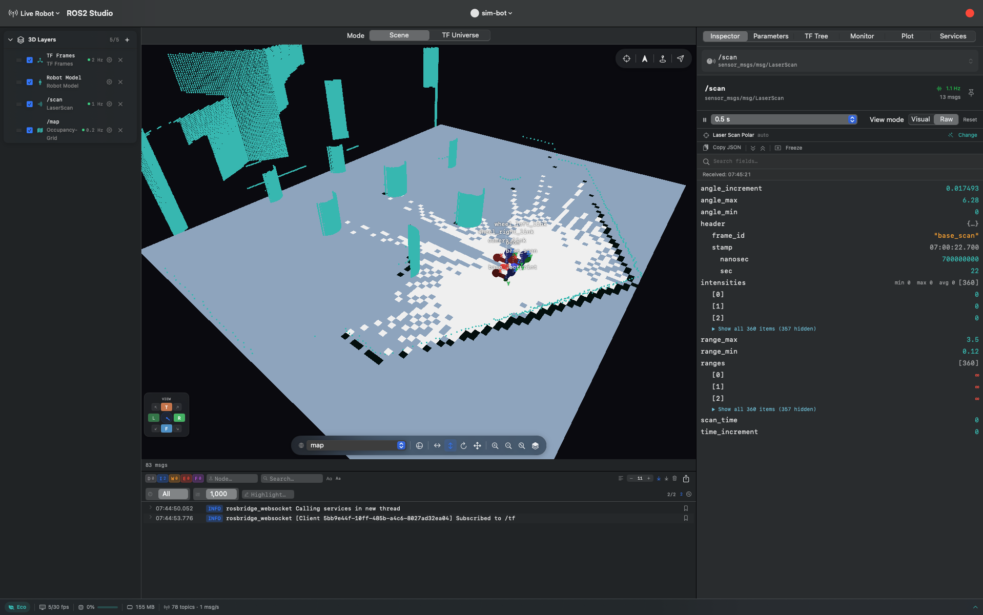 RDSM showing a TurtleBot3 in a simulated room: a teal LiDAR point cloud and
                occupancy grid on the floor plane, the robot's URDF model and TF frames, the
                layers panel on the left, and the inspector on the right reading a raw
                sensor_msgs/msg/LaserScan message.